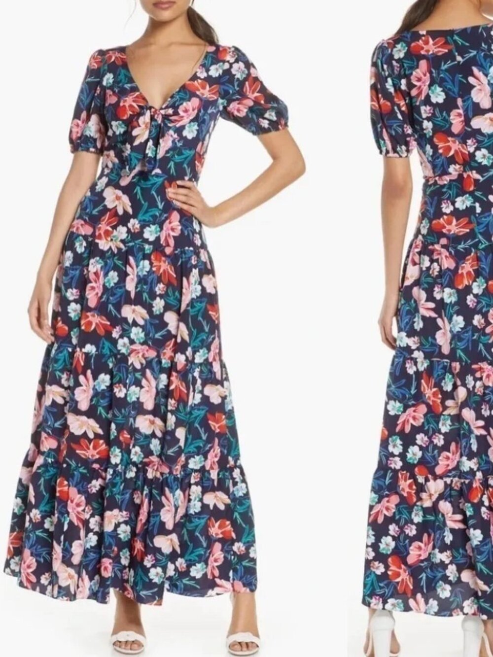 Eliza J Navy Floral Printed Short Sleeve Tie Front Maxi Dress